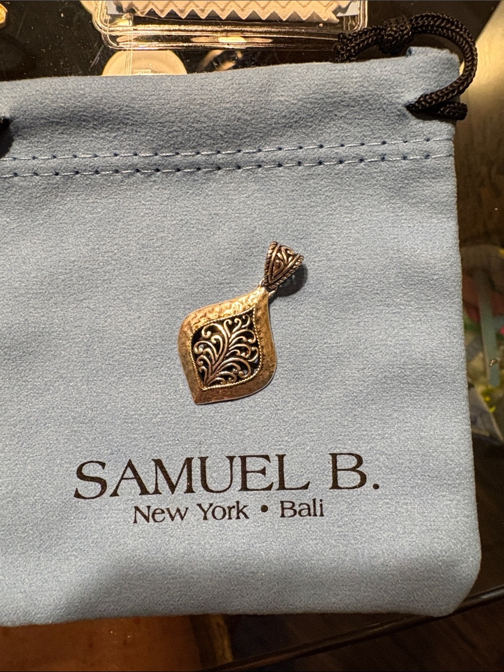 Samuel B. Light Blue Suede Drawstring Pouch with Embossed Silver Pendant